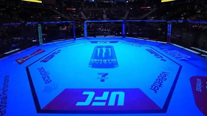 El octágono de UFC iluminado en azul antes del inicio del combate.