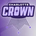 Logotipo de Charlotte Crown en morado con rayos estilizados y un fondo brillante.