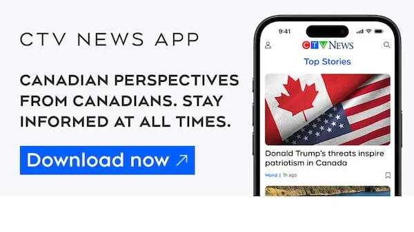 Anuncio de la app CTV News con un teléfono que muestra titulares y una bandera de Canadá y EE. UU. en pantalla.