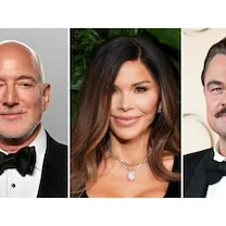 Montaje con los retratos de un hombre de esmoquin, una mujer con collar de diamantes y otro hombre con esmoquin sobre fondo blanco.