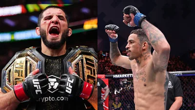 Dos peleadores de UFC celebran en el octágono, uno con el cinturón de campeón y otro levantando los brazos tras la victoria.