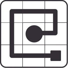 Icono de un circuito electrónico estilizado en blanco y negro.