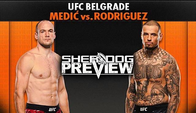 Cartel promocional de UFC Belgrade con los peleadores Medic y Rodriguez frente al logo de Sherdog Preview.